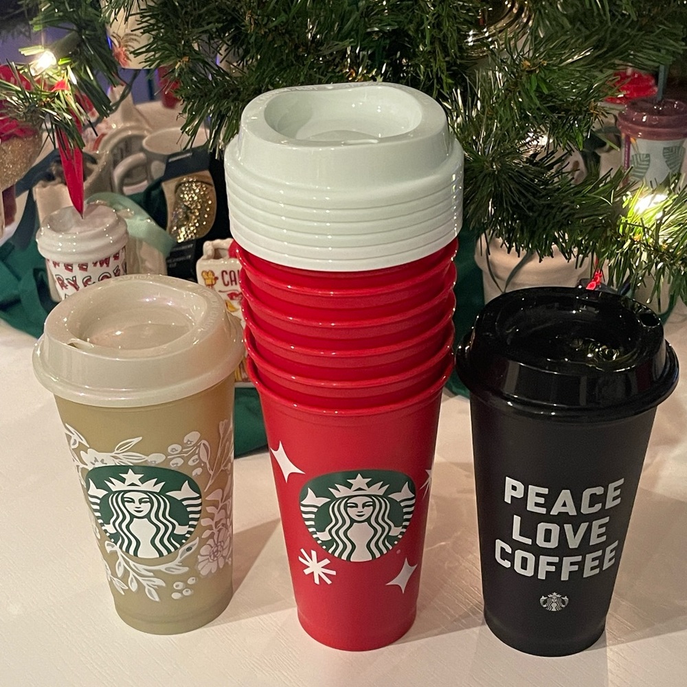 Set of 8 new Starbucks Holiday reusable cups.❤️🖤💛🎄You’ll love them!💛🖤❤️🎄